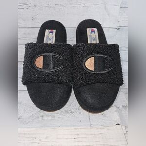 Champion Fuzzy Black Slides, Size 6